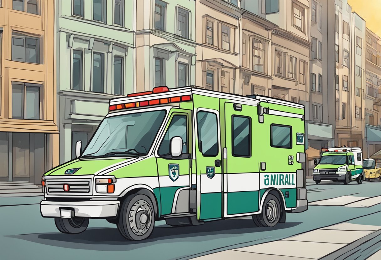 Ambulância Neonatal: Transporte Seguro para Recém-Nascidos Críticos 1 Uma ambulância neonatal acelerando por uma rua da cidade, sirenes tocando, com um senso de urgência e importância.