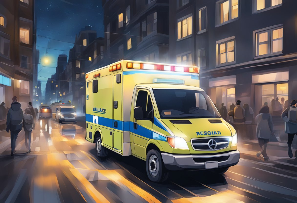 Ambulância Neonatal: Transporte Seguro para Recém-Nascidos Críticos 4 Uma ambulância neonatal correndo pelas ruas da cidade à noite, com luzes piscando refletindo nos edifícios.