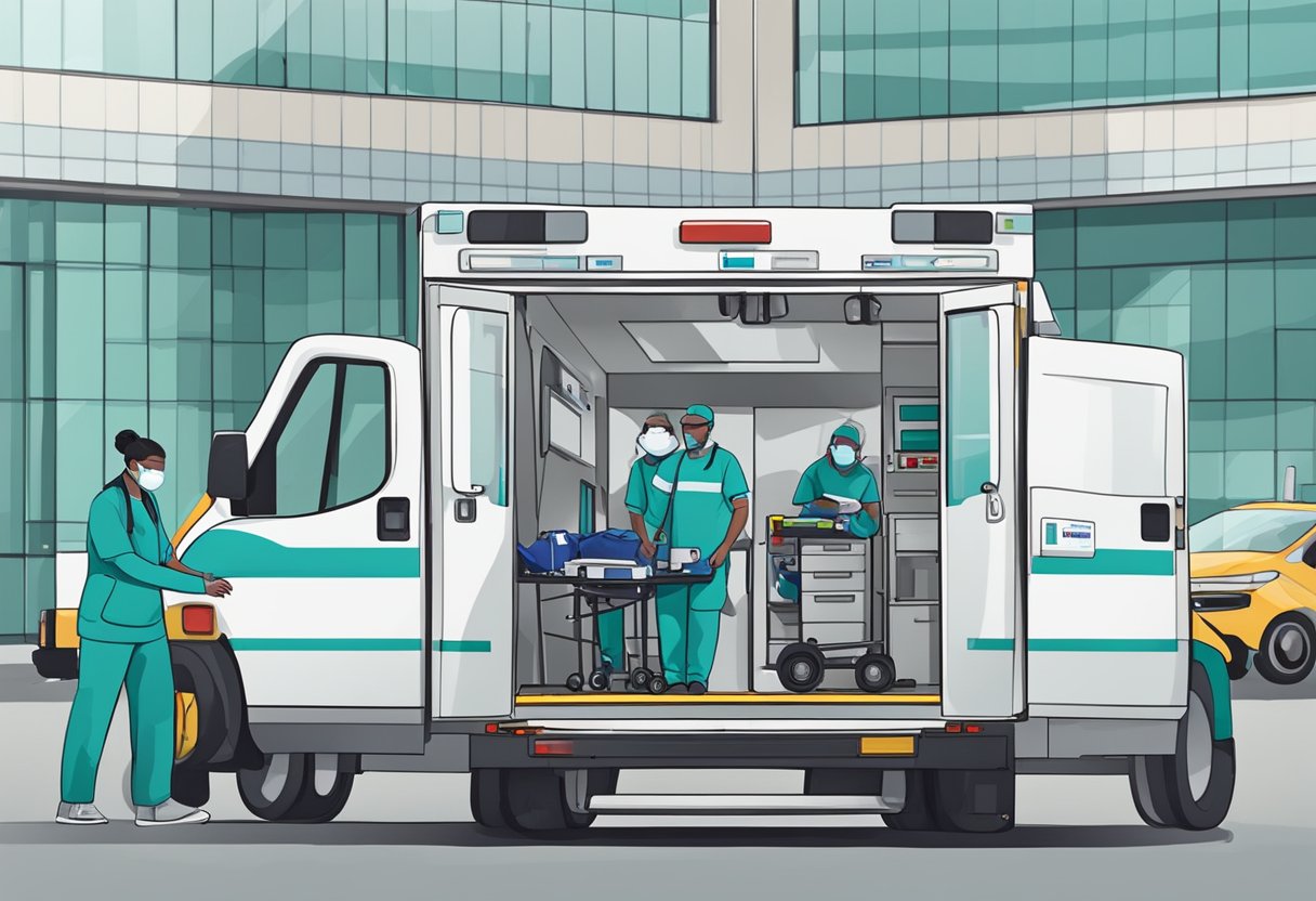 Ambulância Neonatal: Transporte Seguro para Recém-Nascidos Críticos 5 Uma ambulância neonatal estacionada do lado de fora de um hospital, com equipamentos médicos sendo carregados por trabalhadores da saúde.