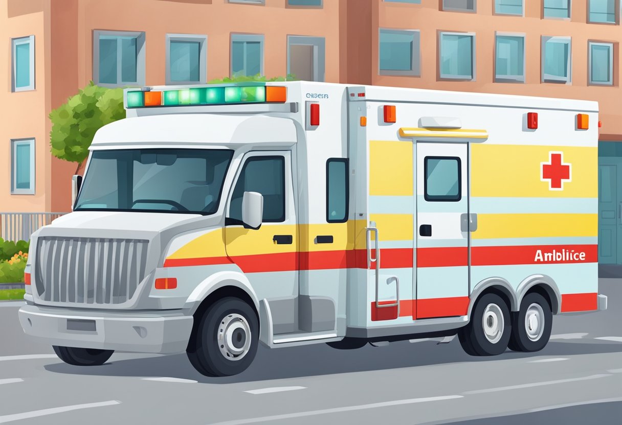 Ambulância Neonatal: Transporte Seguro para Recém-Nascidos Críticos 6 Uma ambulância neonatal estacionada do lado de fora de um hospital, com equipamentos médicos e uma equipe de profissionais prontos para fornecer cuidados especializados para recém-nascidos.