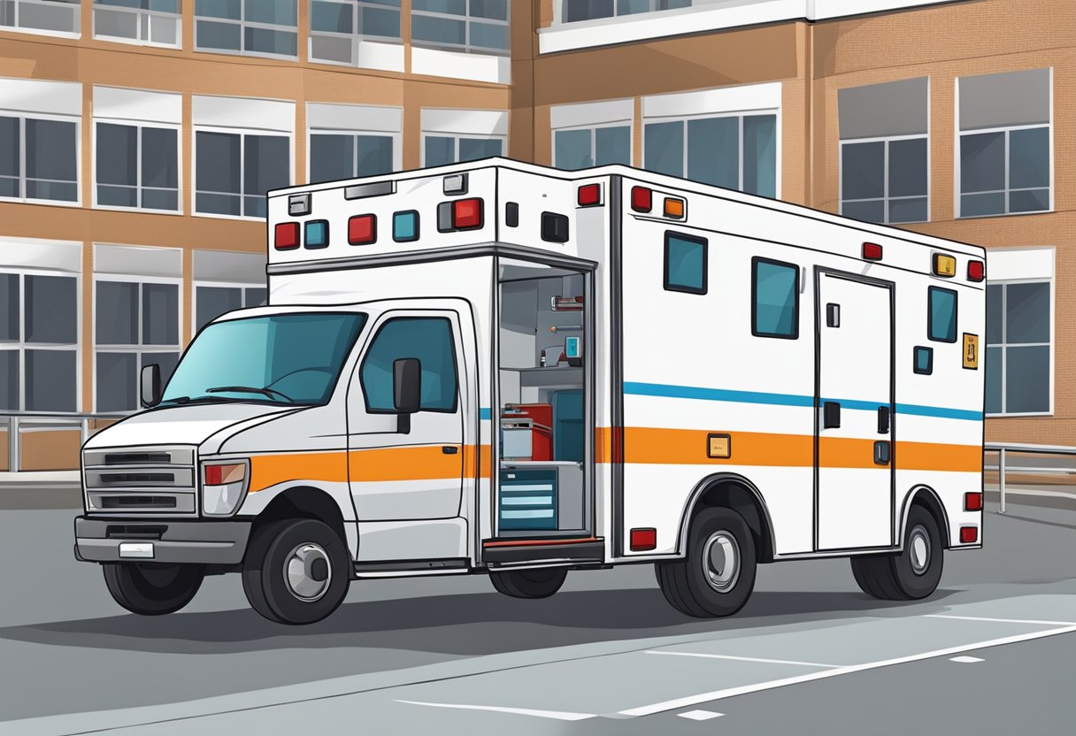 Ambulância Neonatal: Transporte Seguro para Recém-Nascidos Críticos 7 Uma ambulância neonatal estacionada do lado de fora de um hospital, com equipe médica e equipamentos prontos para resposta a emergências.