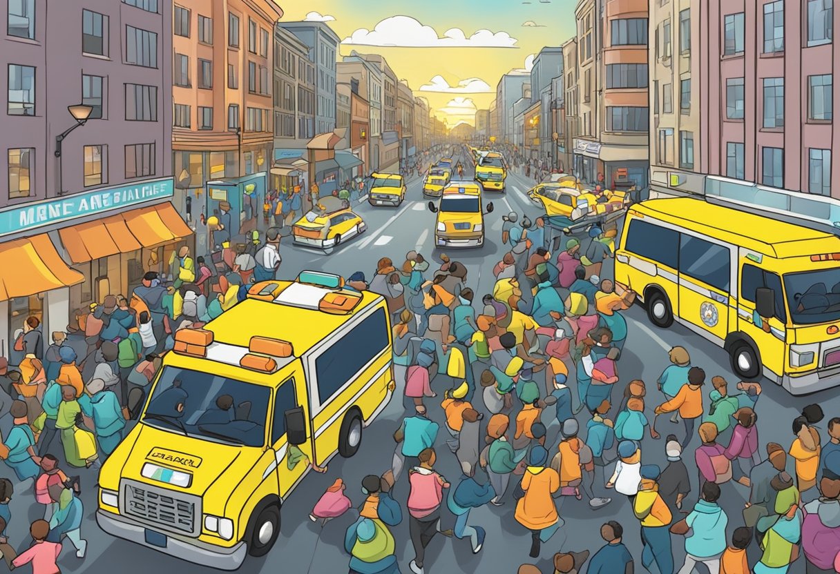 Uma ambulância neonatal correndo por uma rua movimentada da cidade com sirenes soando e luzes piscando