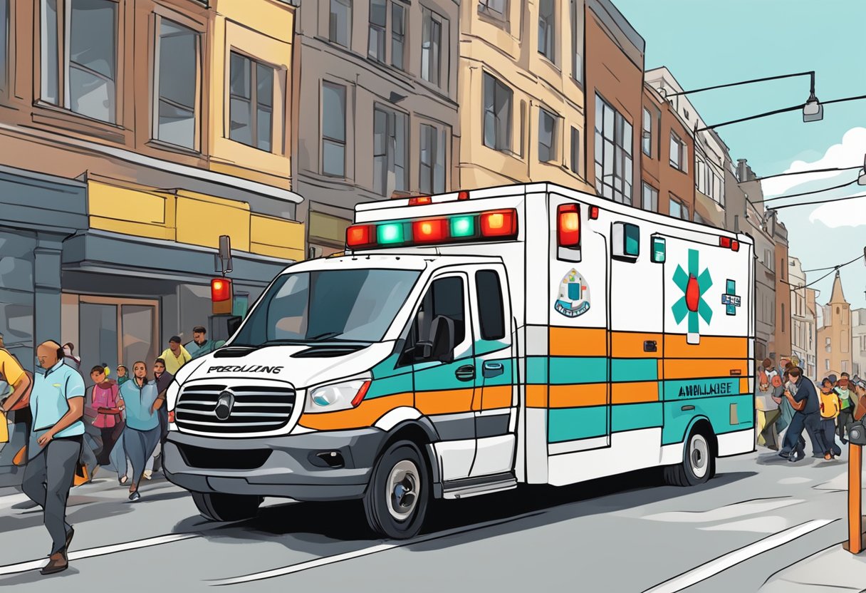 Uma ambulância neonatal correndo por uma rua da cidade, com luzes piscando e sirenes, cercada por espectadores preocupados.