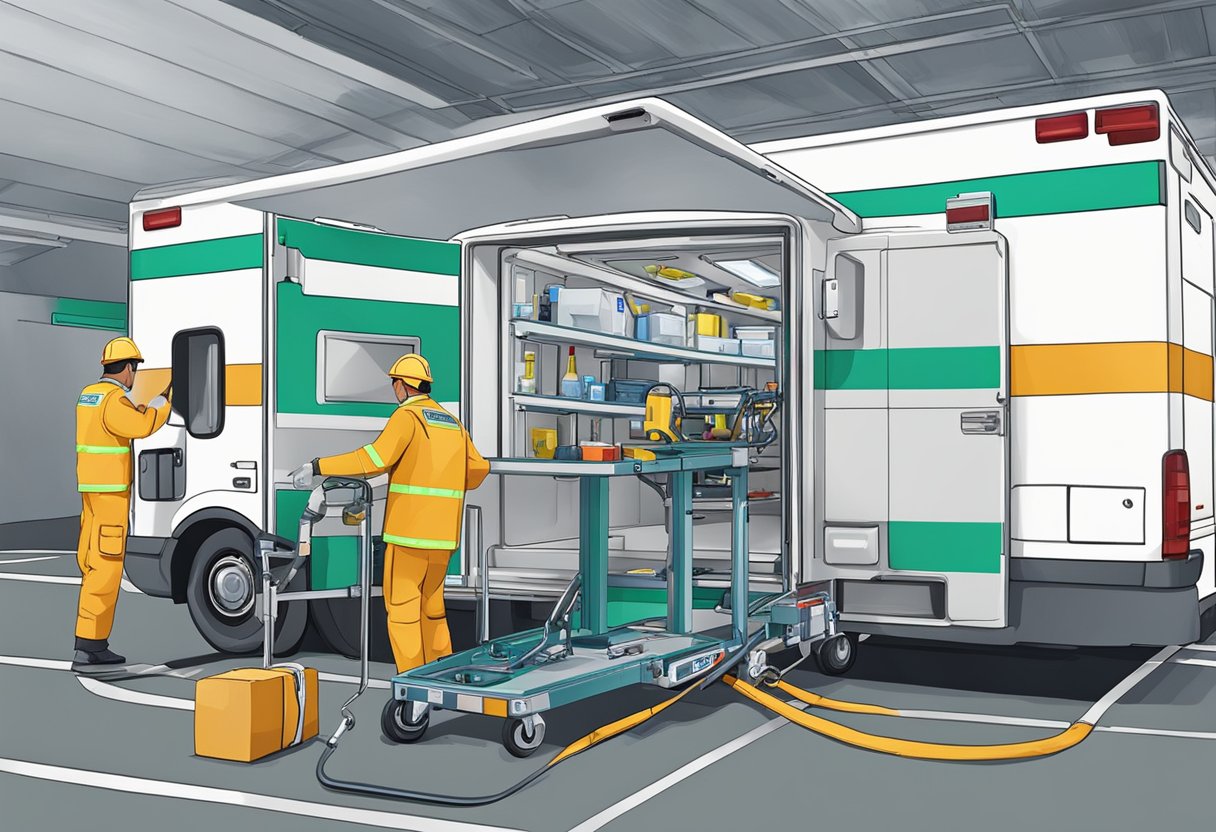 Uma ambulância neonatal sendo carregada com equipamentos médicos e assegurada para transporte