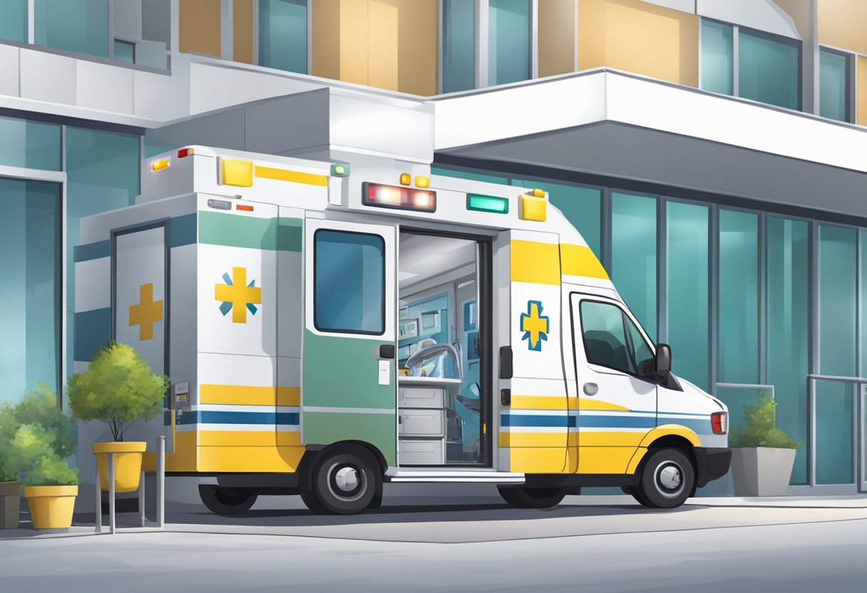 Uma ambulância neonatal estacionada em frente a um hospital, com equipamentos médicos visíveis através das janelas.