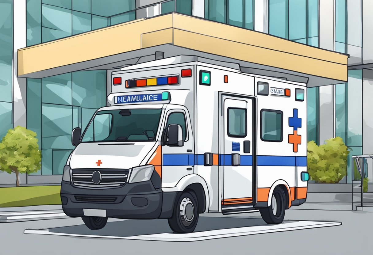 Uma ambulância neonatal estacionada do lado de fora de um hospital, com equipe médica e equipamentos prontos para uma transferência.