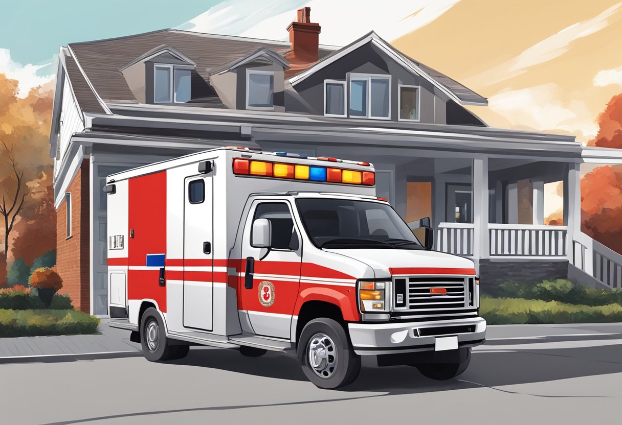 Uma ambulância vermelha brilhante estacionou do lado de fora de uma casa, com uma pessoa falando ao telefone ao lado dela.