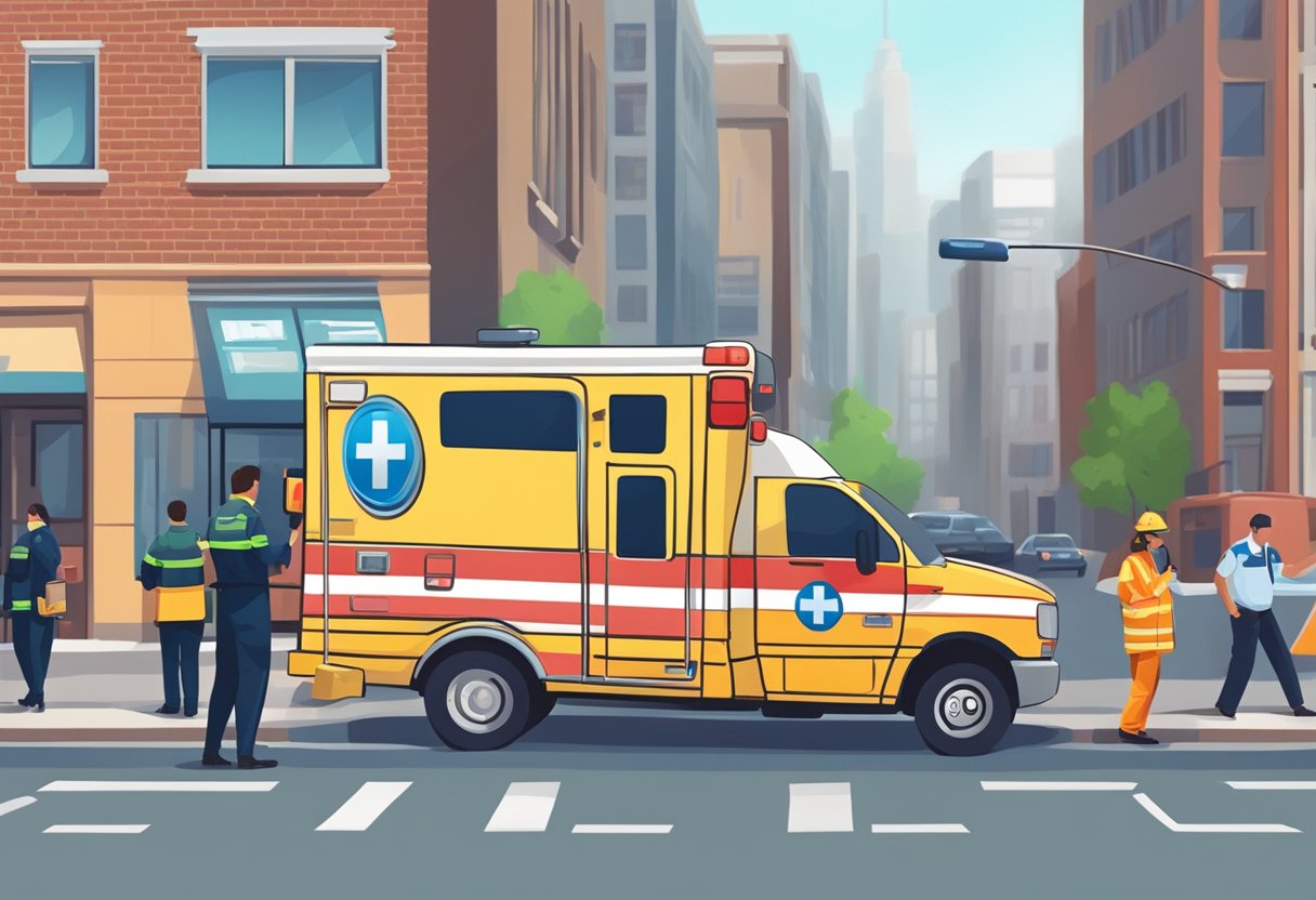 Uma pessoa disca um número de emergência em um telefone enquanto uma ambulância corre para o local.