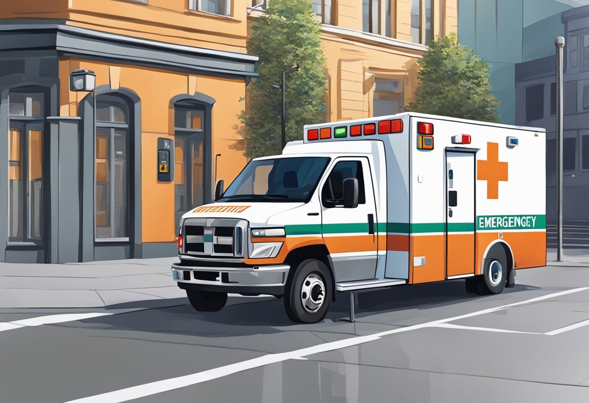 Uma ambulância de emergência móvel estacionada perto de uma cabine telefônica, com um paramédico ao lado.