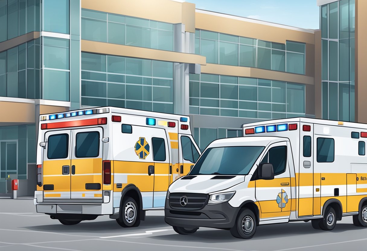 Uma variedade de ambulâncias estacionadas do lado de fora de um hospital, com luzes piscando e equipamentos médicos visíveis através das janelas.