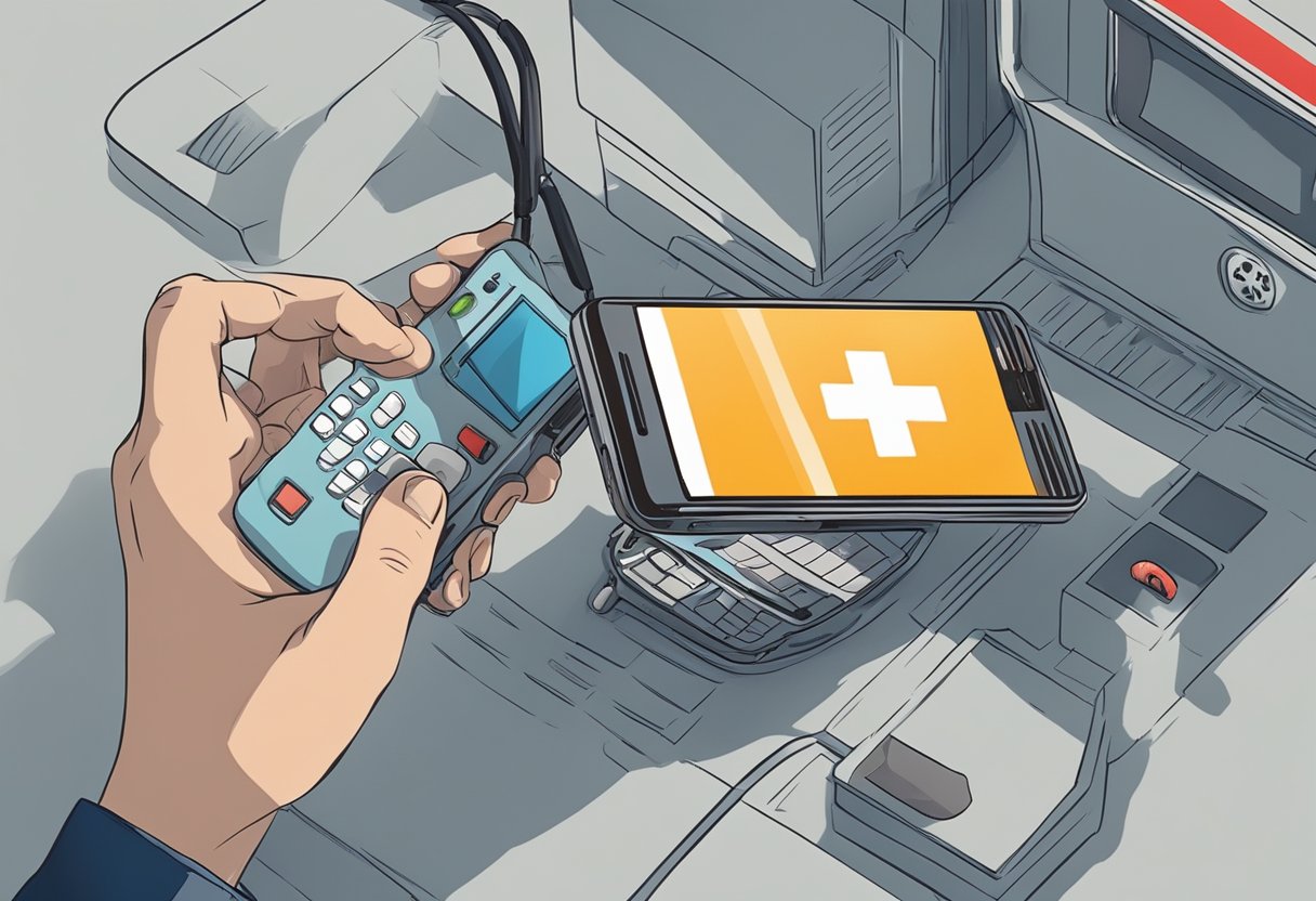 Uma pessoa alcançando um telefone para chamar uma ambulância em uma situação de emergência de alto risco