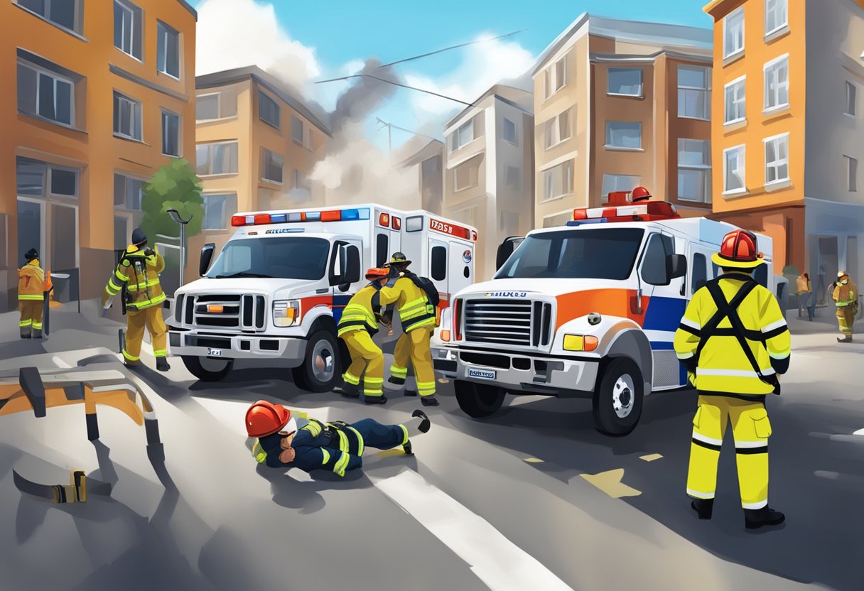 Bombeiros e policiais trabalhando juntos durante uma emergência, com uma ambulância e telefone por perto