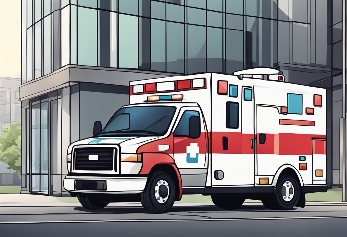 Uma ambulância estacionada do lado de fora de um prédio, com um telefone próximo para chamadas de emergência