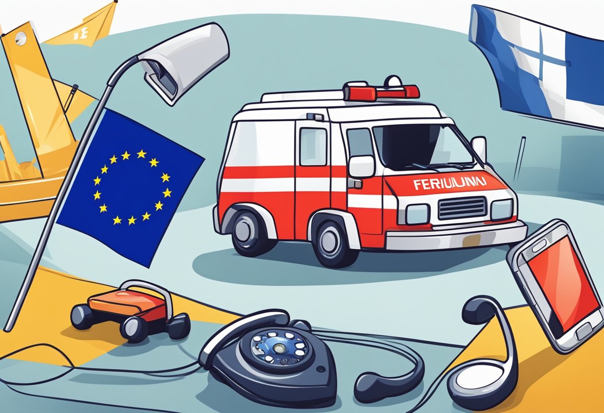 Uma emergência internacional: bandeira da UE, ambulância e telefone tocando
