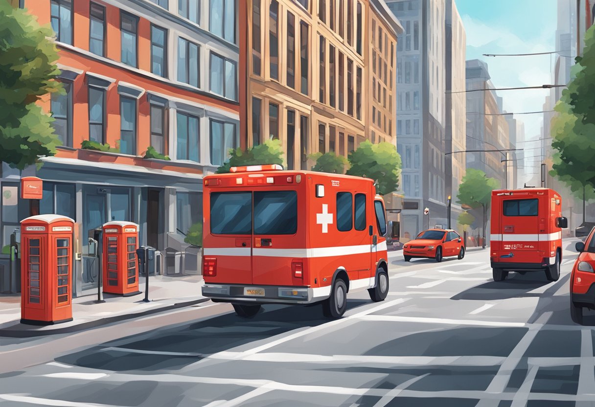 Uma rua movimentada da cidade com uma ambulância vermelha brilhante estacionada ao lado de uma cabine telefônica pública