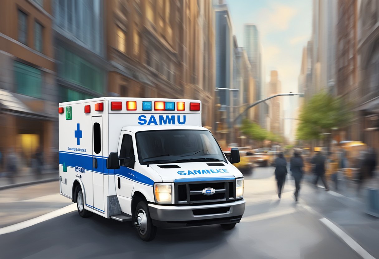 Uma ambulância acelerando por uma rua da cidade, com o logo do SAMU visível na lateral, enquanto pessoas na calçada ligam para os serviços de emergência.