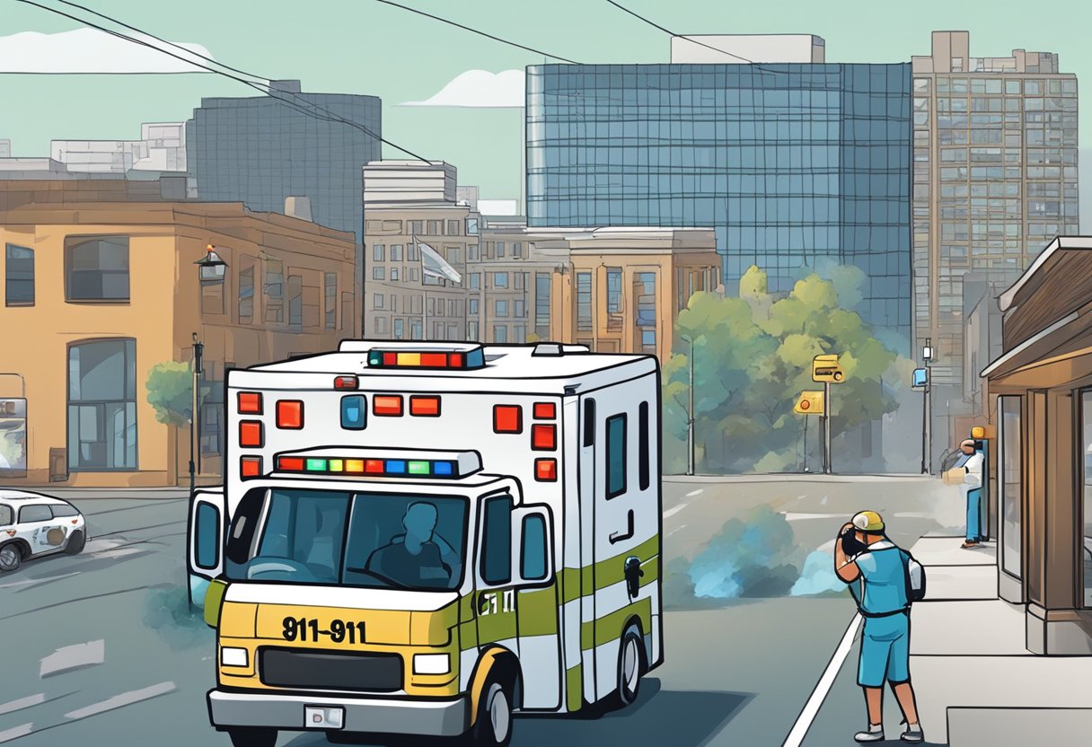 Uma pessoa disca 911 em um telefone fixo enquanto uma ambulância corre para o local com luzes piscando e sirenes soando.
