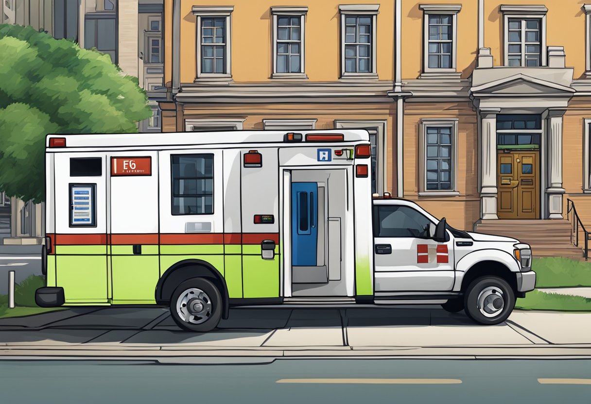 Uma ambulância estacionada do lado de fora de um prédio, com uma cabine telefônica próxima e recursos de emergência sendo distribuídos para a população.