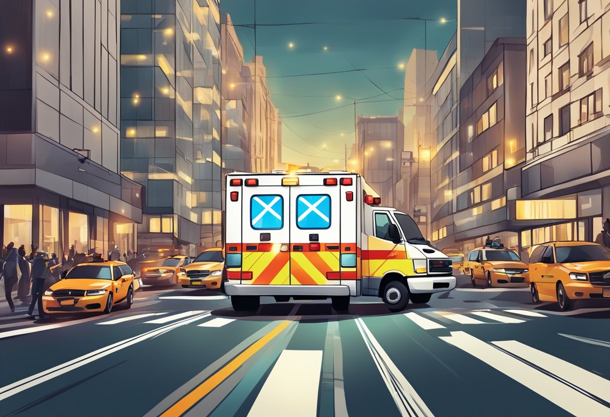 Uma ambulância acelerando por uma rua movimentada da cidade, com sirenes soando e luzes piscando, correndo para uma cena de emergência.