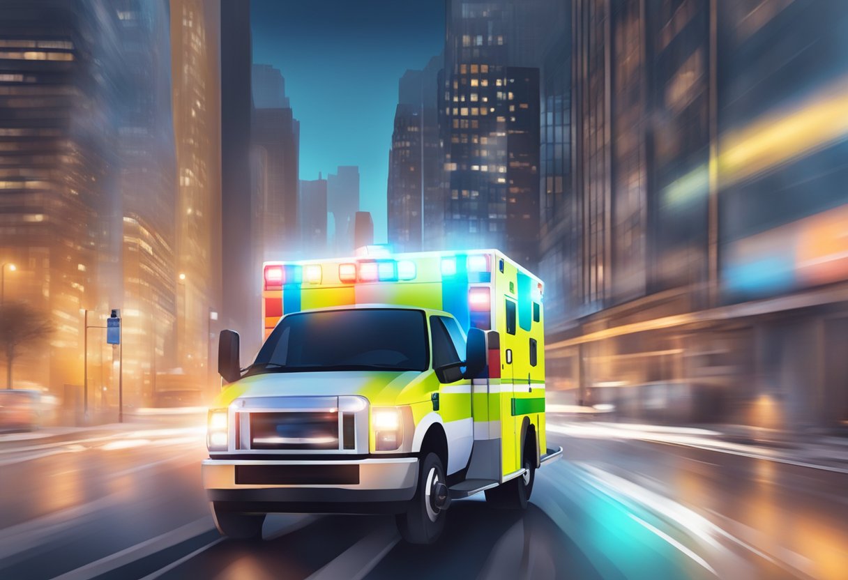 Uma ambulância acelerando pelas ruas da cidade, com as luzes piscando, enquanto uma pessoa disca 911 em um telefone em primeiro plano
