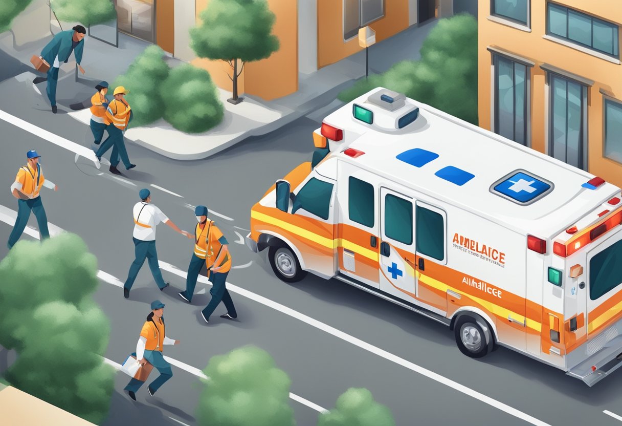Uma ambulância correndo para um paciente enquanto uma equipe médica fornece assistência por telefone