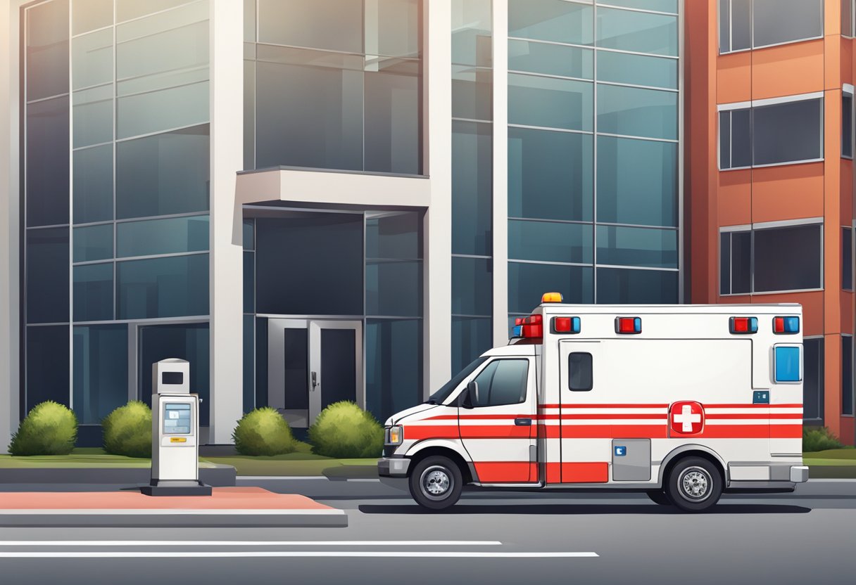 Uma ambulância estacionada do lado de fora de um prédio, com um telefone de emergência vermelho próximo, enfatizando segurança e prevenção em emergências.