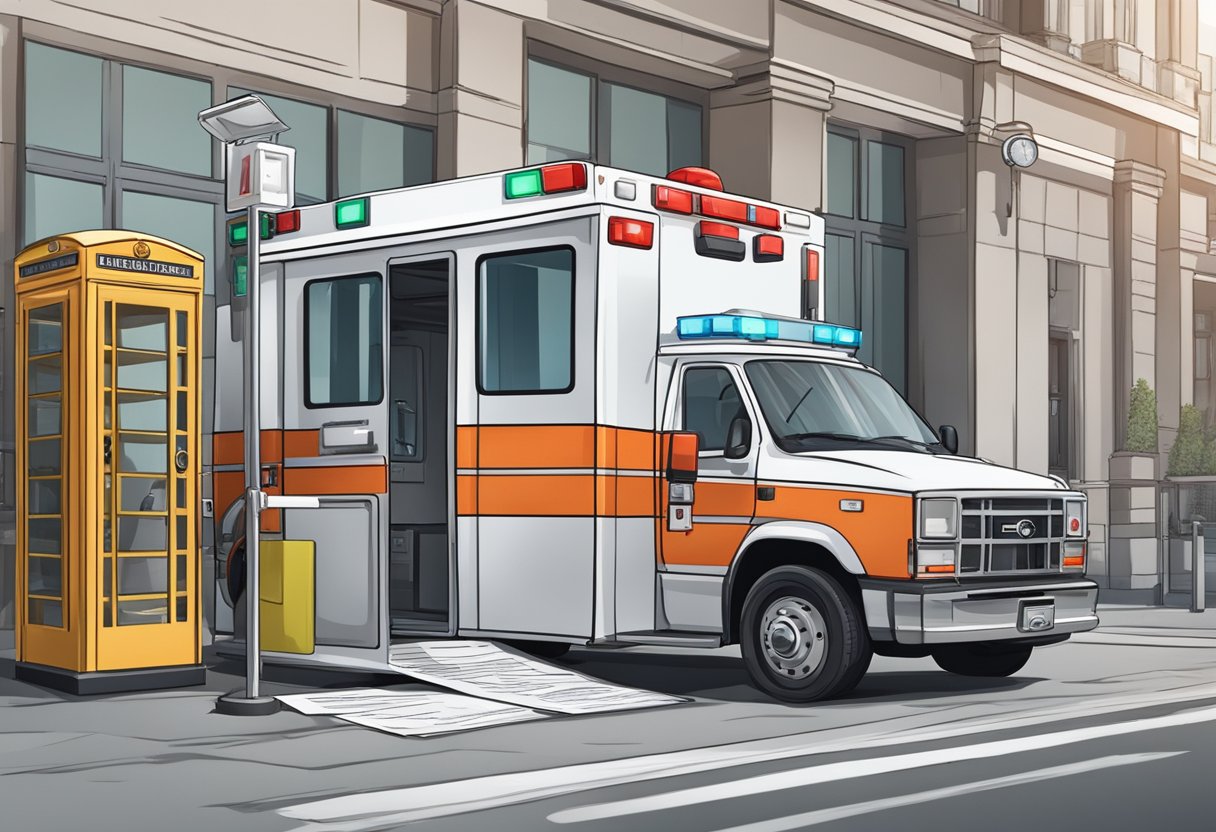 Ambulância de emergência estacionada ao lado de uma cabine telefônica, cercada por documentos legais e protocolos