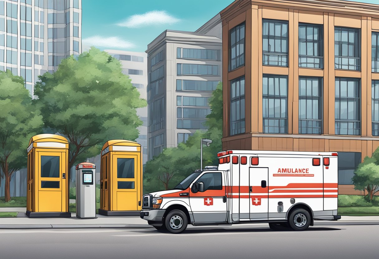Uma ambulância estacionada do lado de fora de um prédio, com uma cabine telefônica próxima.