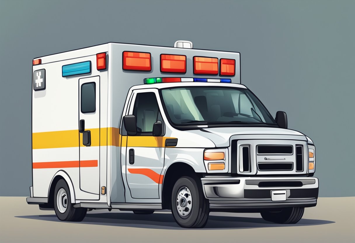 Uma ambulância correndo para uma emergência, com um telefone próximo.