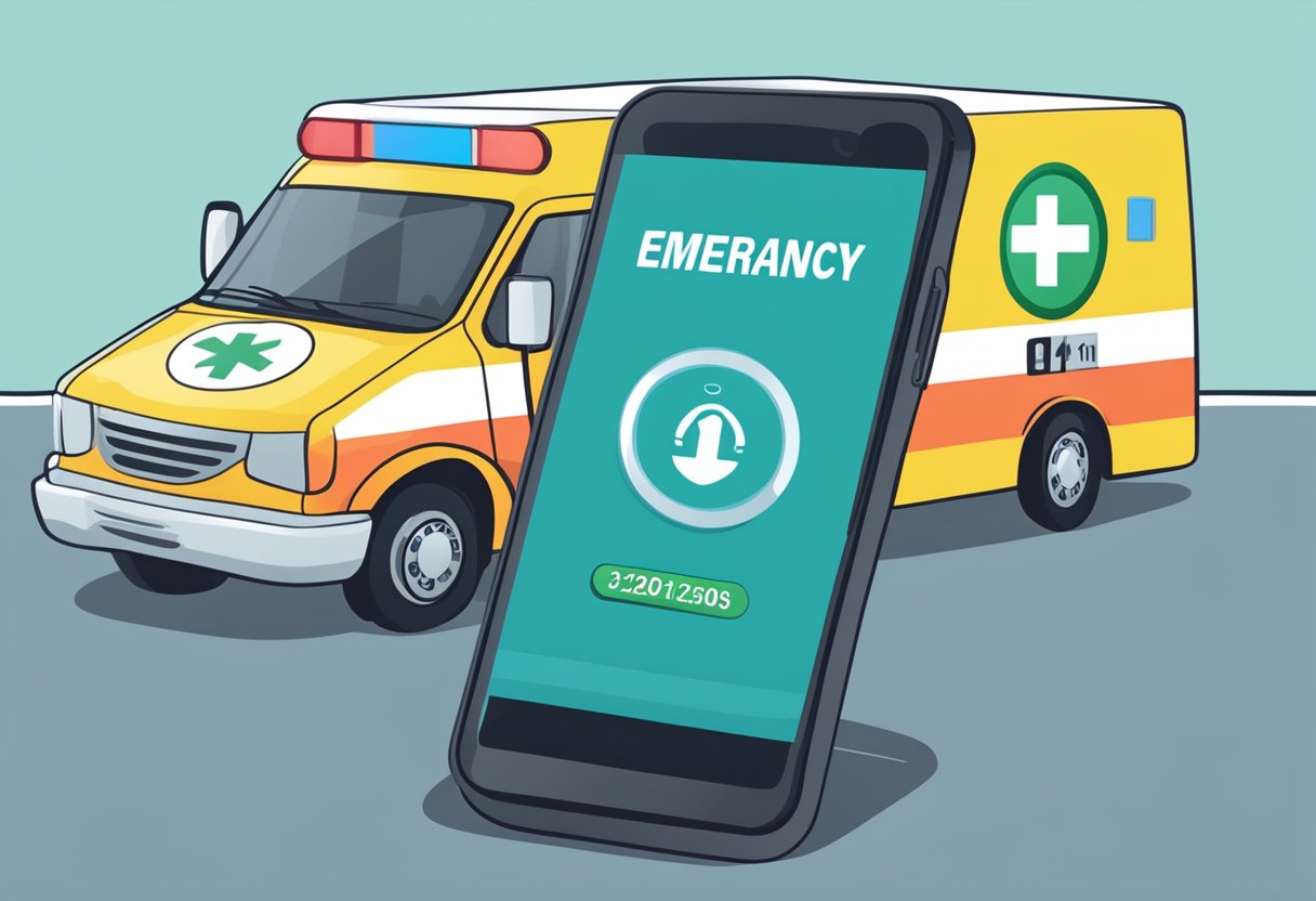 Um telefone com números de emergência exibidos, com uma ambulância ao fundo