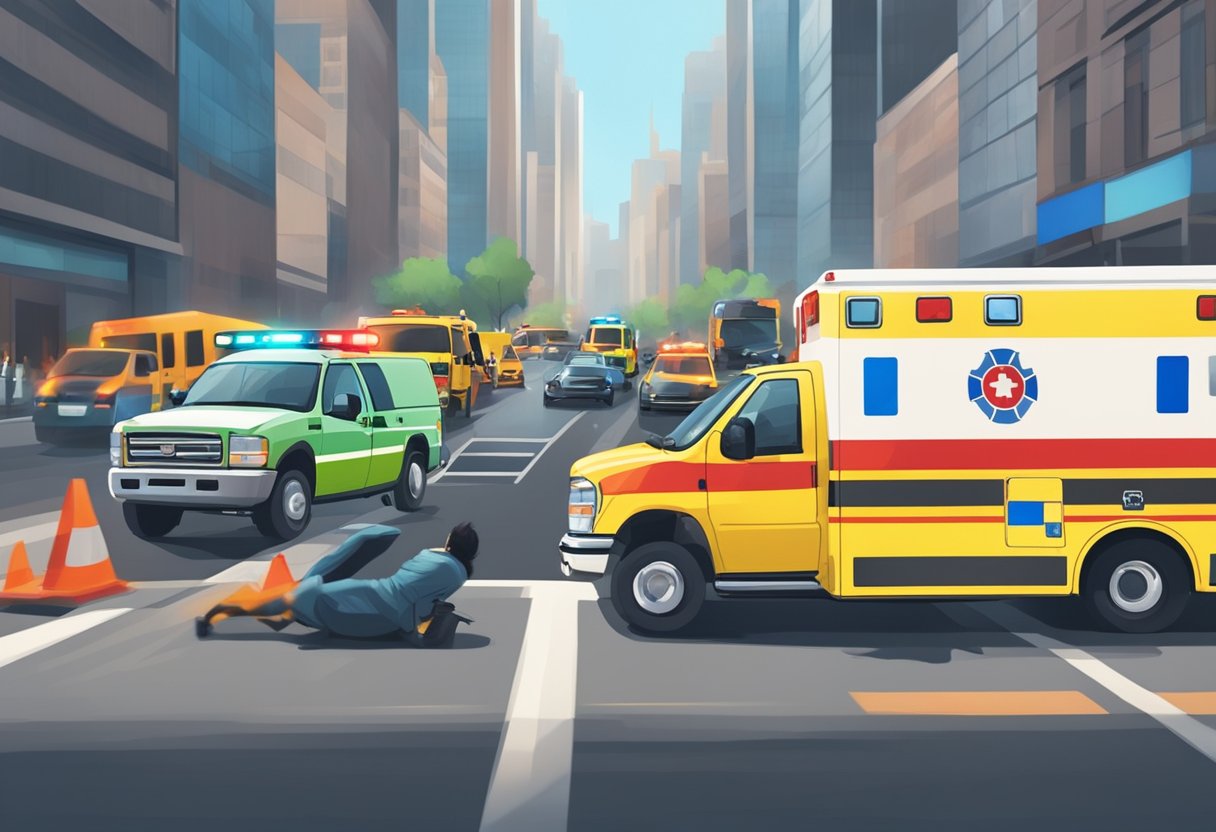 Uma ambulância correndo pelo trânsito com as sirenes ligadas, enquanto uma pessoa disca freneticamente um telefone para assistência de emergência.