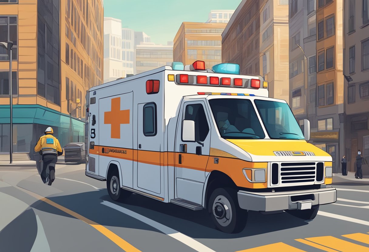 Uma ambulância correndo pelas ruas da cidade, sirenes tocando, enquanto alguém disca um número de telefone de emergência.