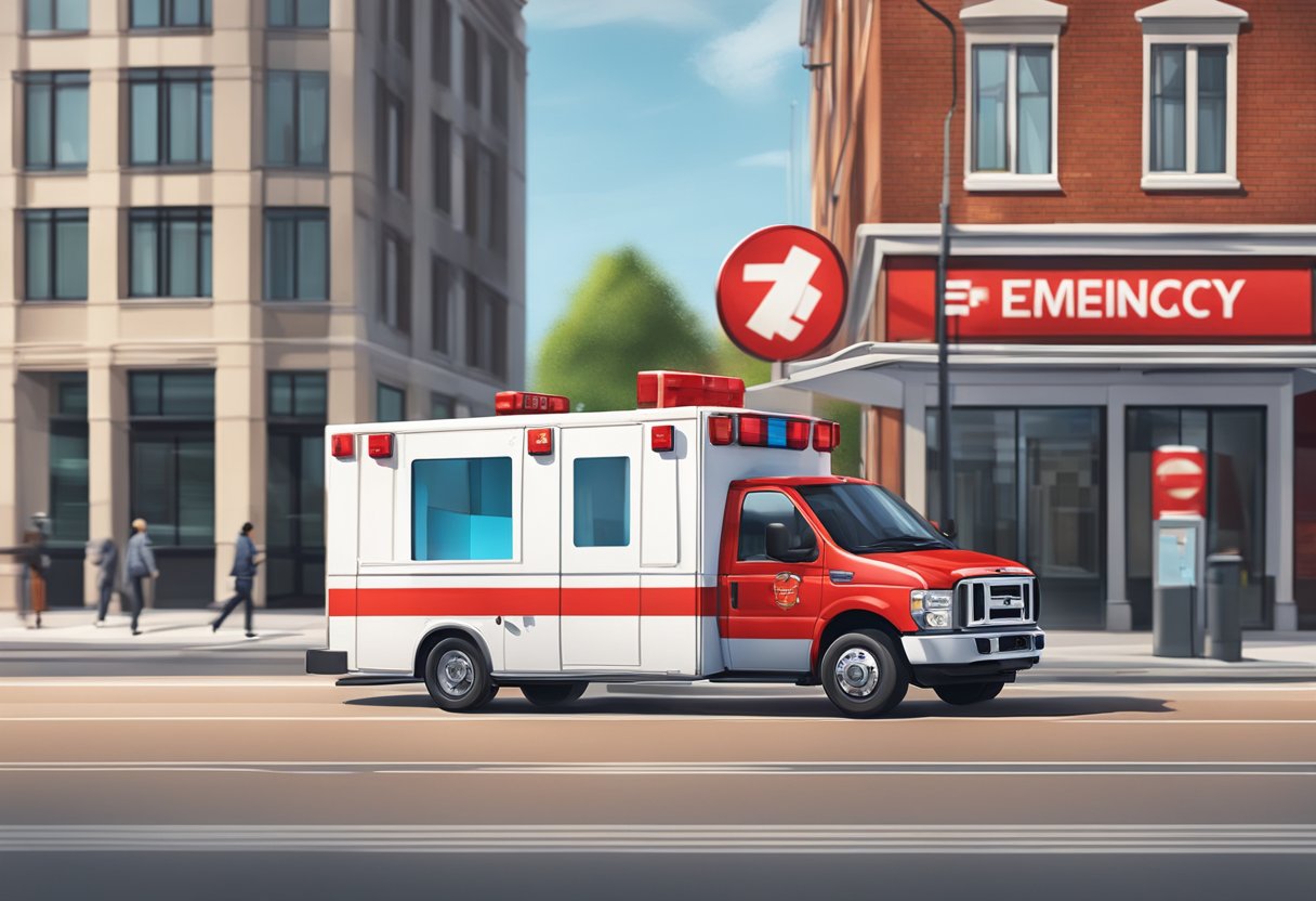 Uma ambulância acelerando em direção a uma cabine telefônica com um sinal de emergência vermelho, enfatizando a prevenção e a conscientização