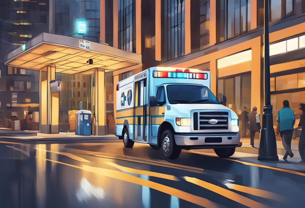 Uma ambulância acelerando pelo trânsito em direção a uma cabine telefônica iluminada