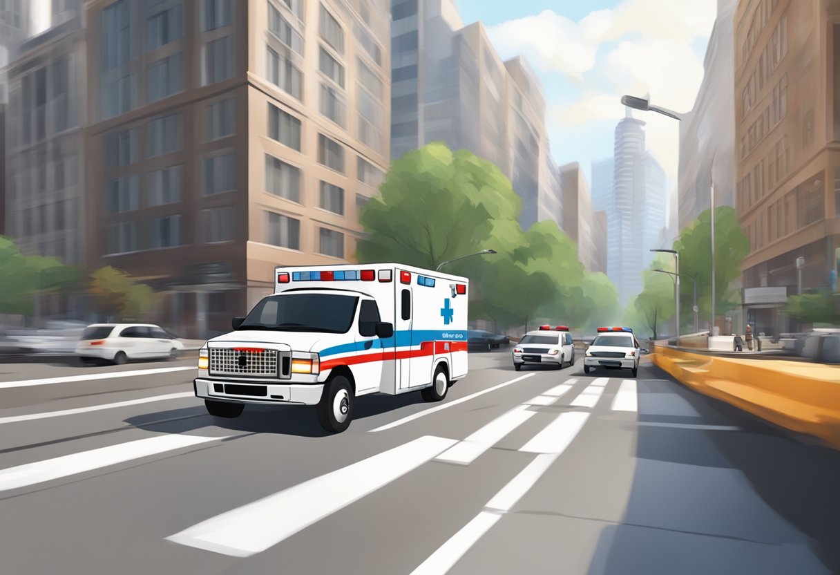 Ambulância Branca: Importância no Atendimento de Emergências 1 Uma ambulância branca acelerando por uma rua movimentada da cidade, sirenes tocando, enquanto se dirige a um hospital para atender a uma emergência.