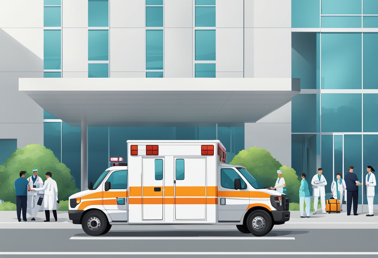 Ambulância Branca: Importância no Atendimento de Emergências 3 Uma ambulância branca estacionada do lado de fora de um hospital, com profissionais de saúde descarregando equipamentos e se preparando para responder a uma emergência.