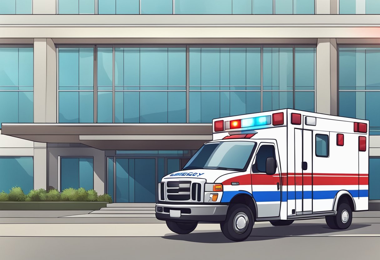 Ambulância Branca: Importância no Atendimento de Emergências 4 Uma ambulância branca estacionada do lado de fora de um hospital, com luzes de emergência vermelhas e azuis piscando no topo.