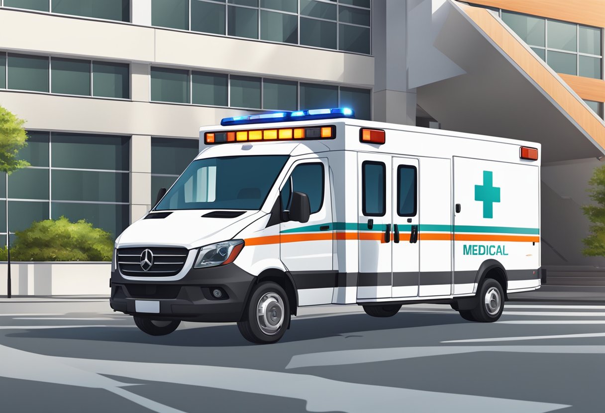 Ambulância Branca: Importância no Atendimento de Emergências 7 Uma ambulância branca especializada estacionada do lado de fora de um hospital, com equipamentos médicos visíveis através das janelas