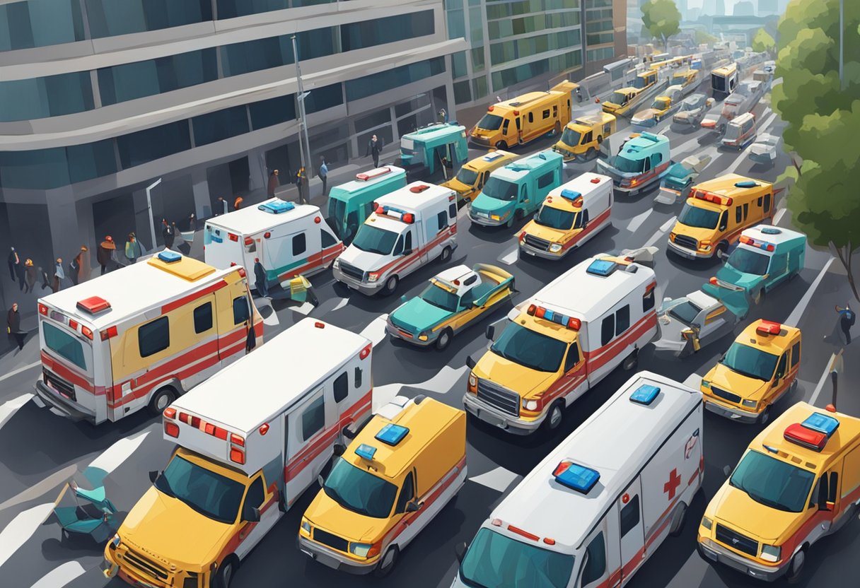Uma frota de ambulâncias correndo por uma cena caótica. As sirenes soam enquanto elas navegam pelo trânsito em direção a um destino urgente.