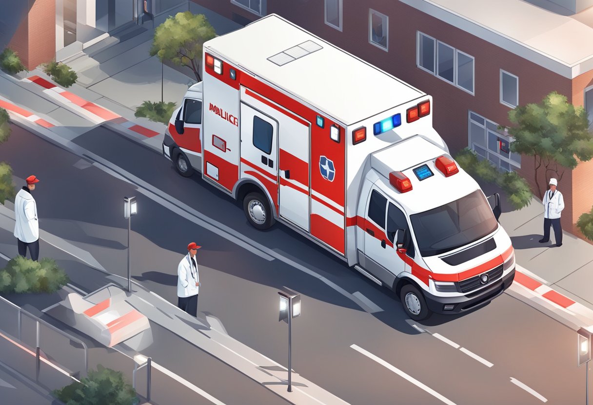 Uma ambulância com luzes vermelhas e brancas estacionada do lado de fora de uma unidade médica, cercada por equipamentos médicos e pessoal.