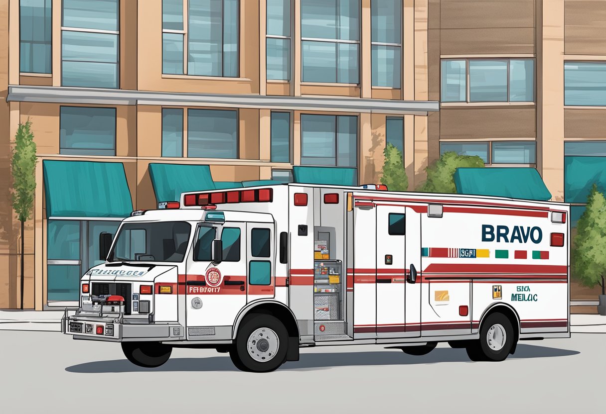Uma ambulância médica essencial, rotulada como "Bravo," equipada com suprimentos e medicamentos.
