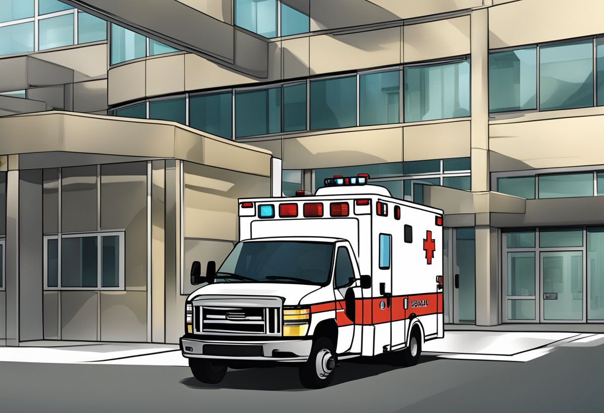 Uma ambulância Bravo estacionada do lado de fora de um hospital, com luzes de emergência piscando e equipamentos médicos visíveis através das portas traseiras abertas.