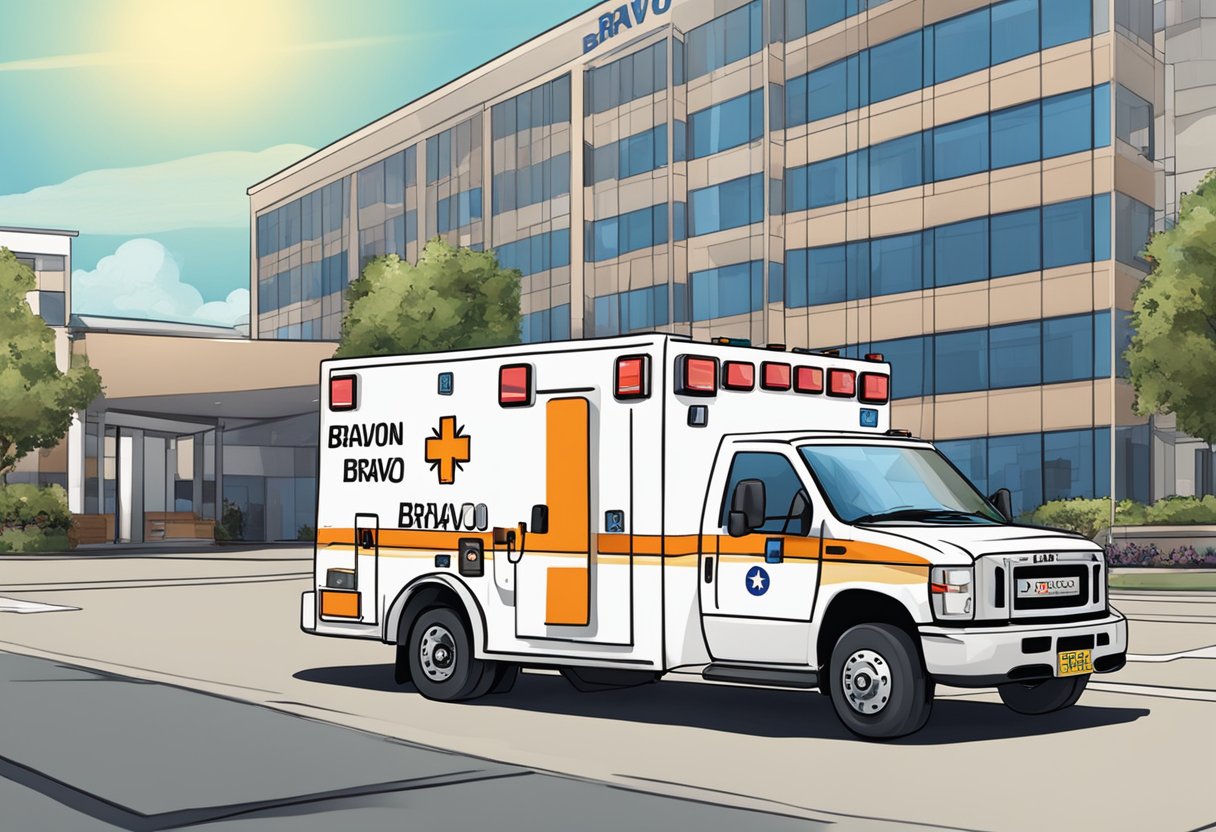 Uma ambulância com marcações "Bravo" estacionou em frente a um hospital, cercada por sinais regulamentares e avisos legais.