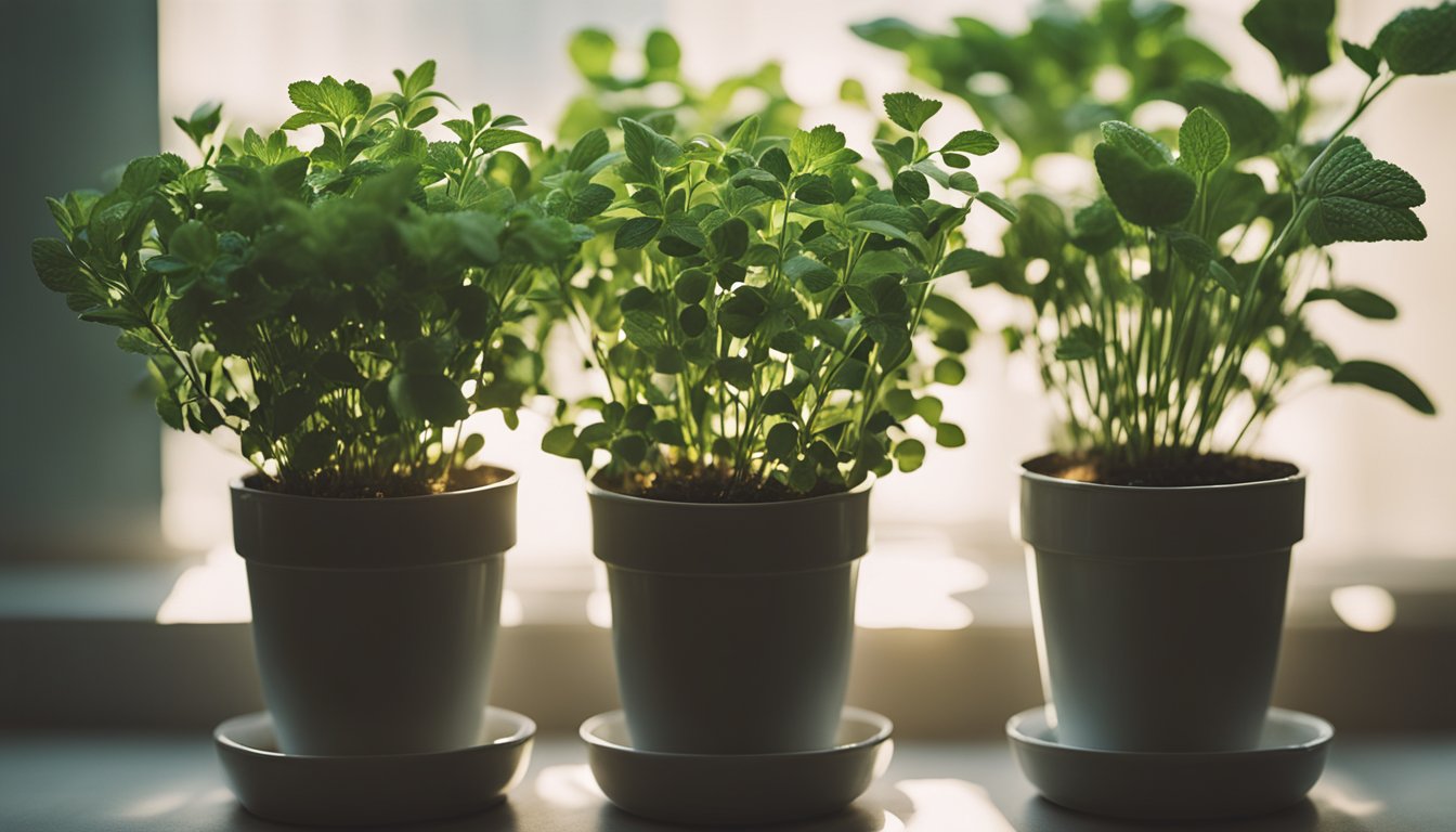 Sunlight streams onto potted herbs on a windowsill