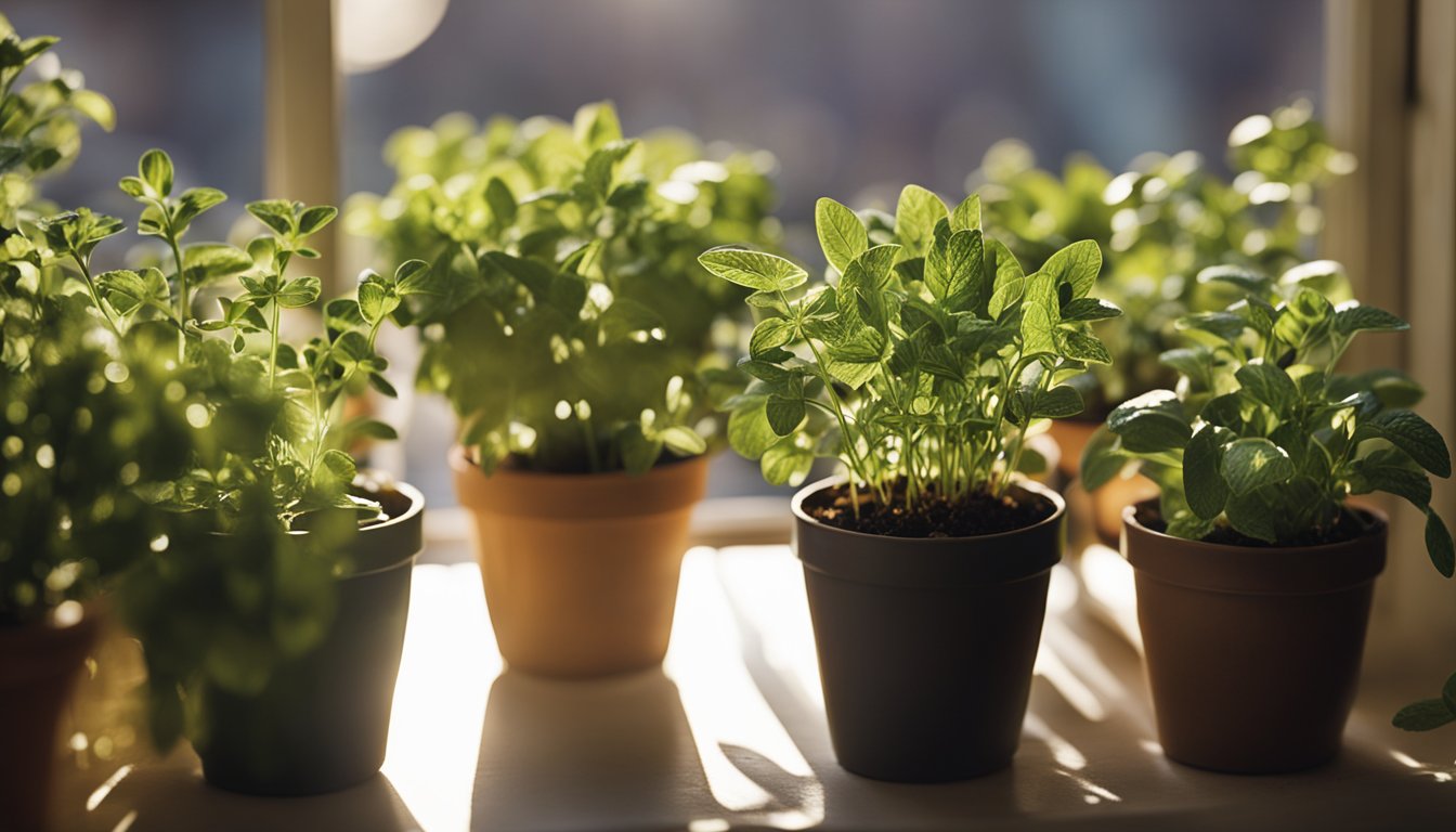 Sunlight streams onto potted herbs on a windowsill