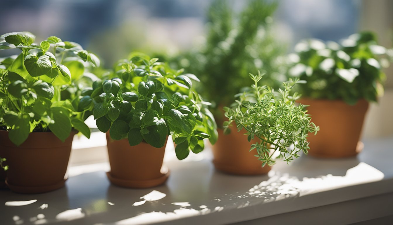 The potted herbs bask in sunlight on a windowsill