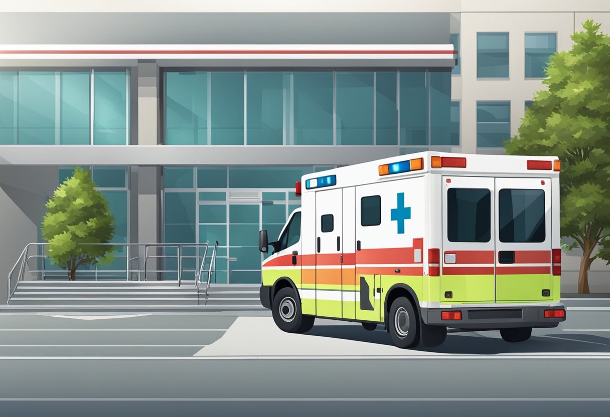 Uma ambulância estacionada do lado de fora de um hospital, com equipamentos médicos e uma maca visíveis pelas portas traseiras abertas.