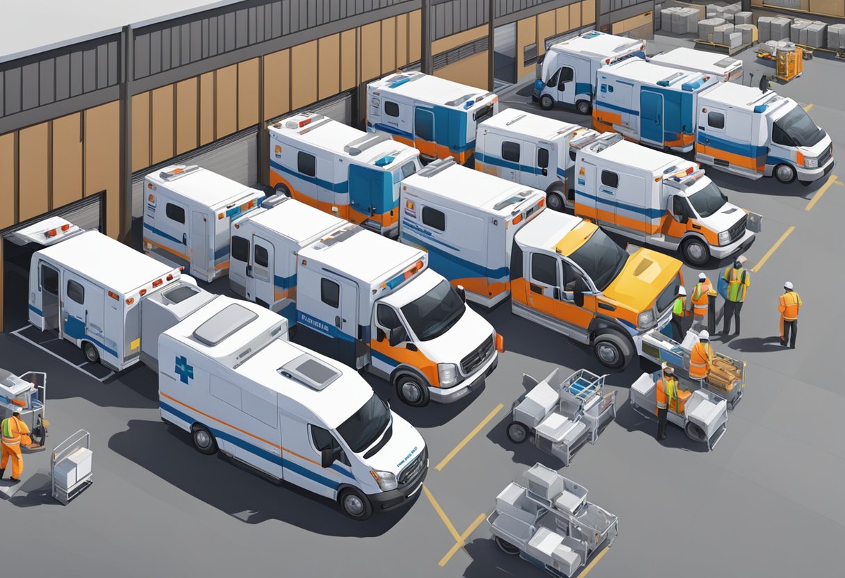 Uma frota de ambulâncias estacionadas do lado de fora de um armazém, com equipamentos médicos sendo carregados nelas por trabalhadores.