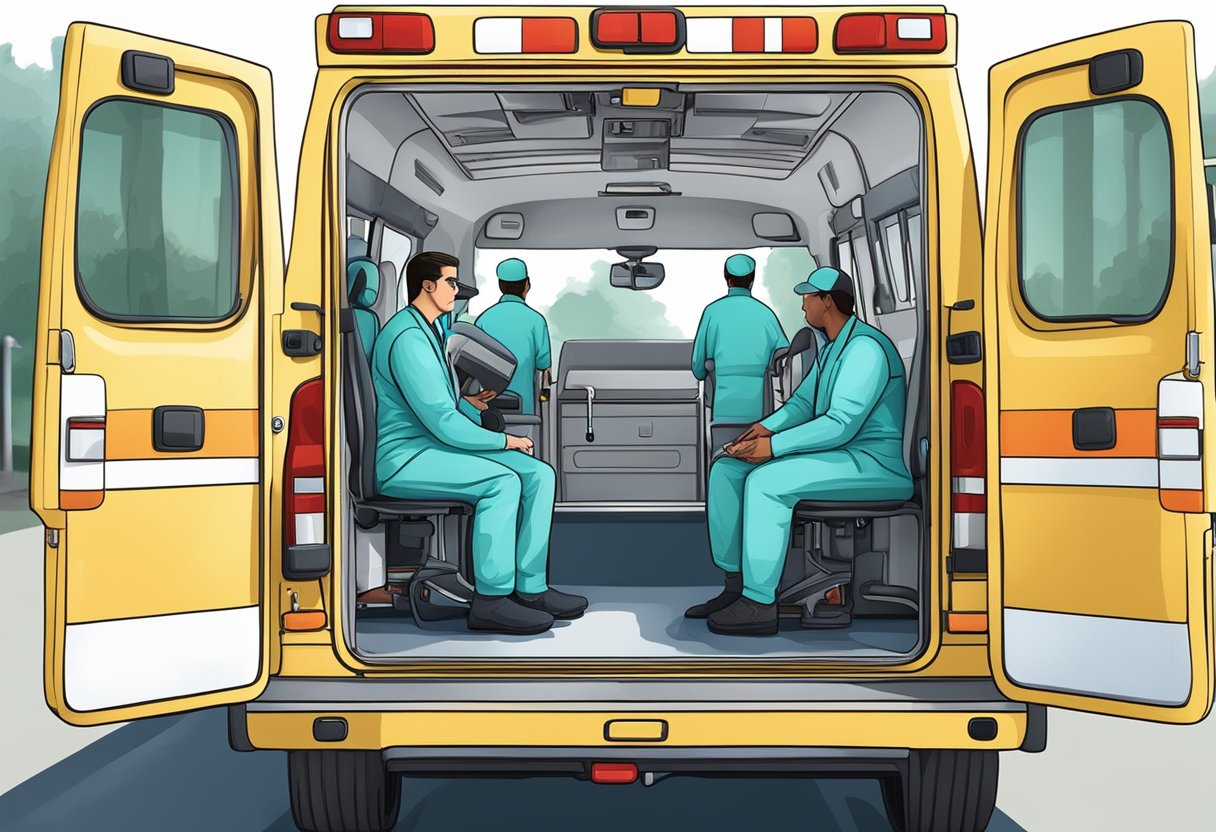 Profissionais de saúde em veículos de empresa de ambulância