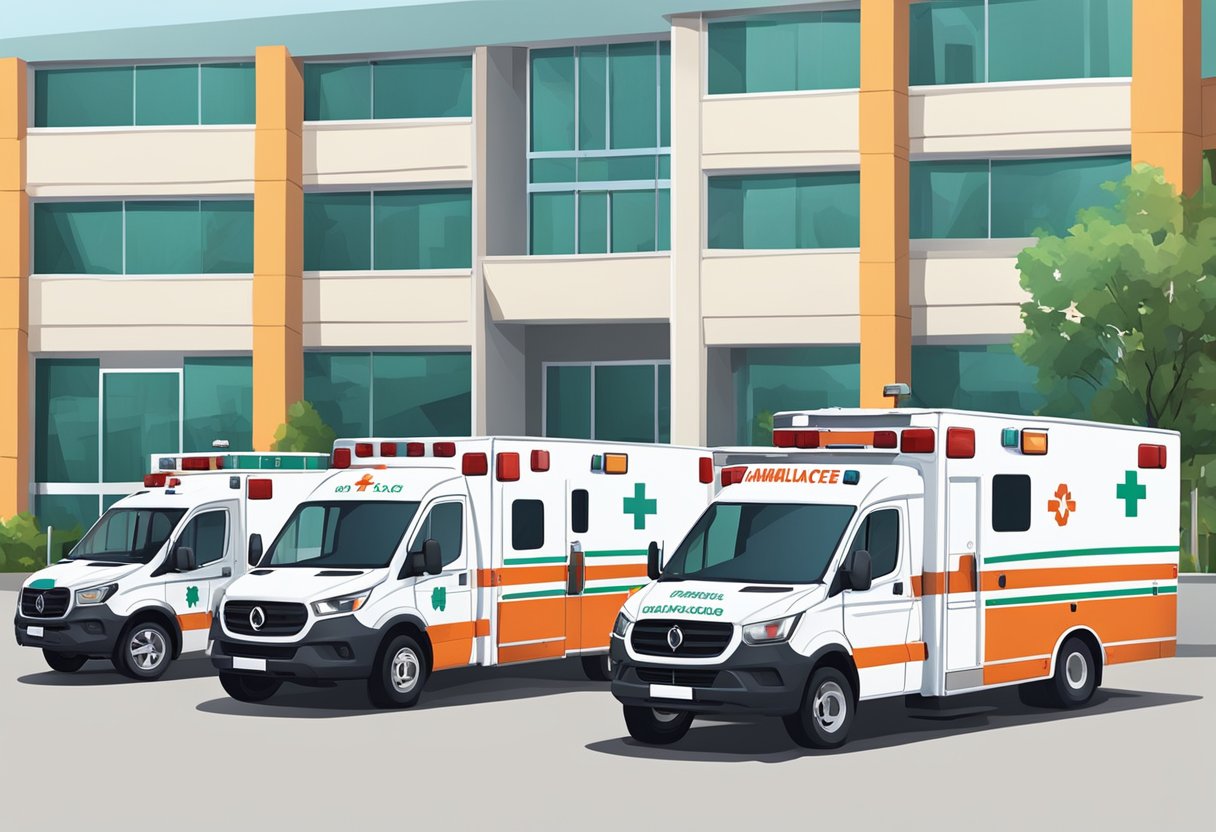 Uma frota de veículos de ambulância estacionados do lado de fora de uma instalação médica, com paramédicos e equipamentos médicos visíveis através das portas traseiras abertas.